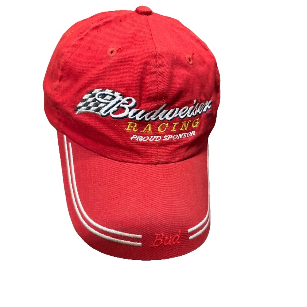 Bud‎ Racing Embroidered Hat Strapback Budweiser USA Made Cap Red Clean!